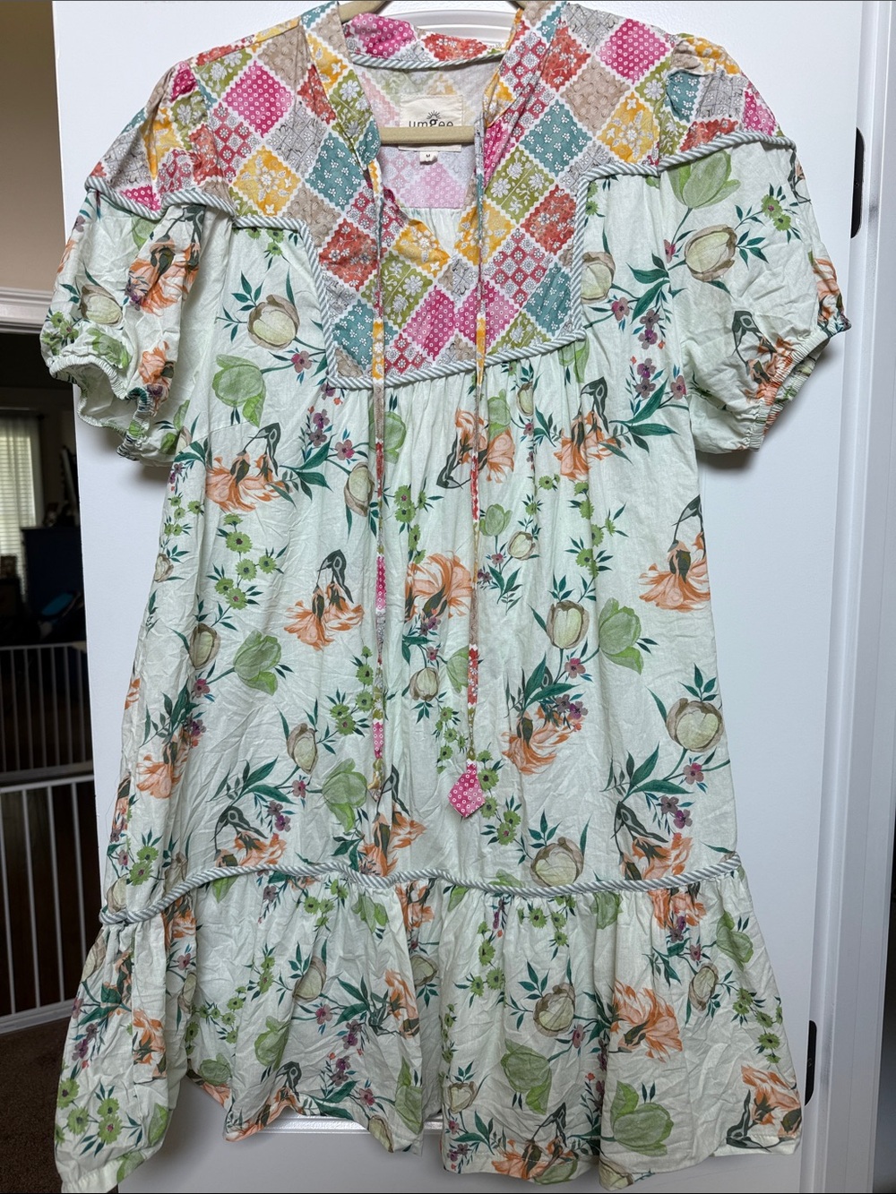 Umgee Cream Floral Patchwork Girls' Puff Sleeve Dress with Pink & Orange Accents